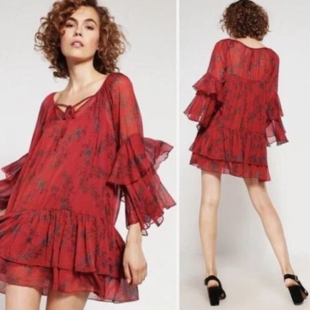 Free People Sunsetter Red Tiered Mini Dress Medium - 47556